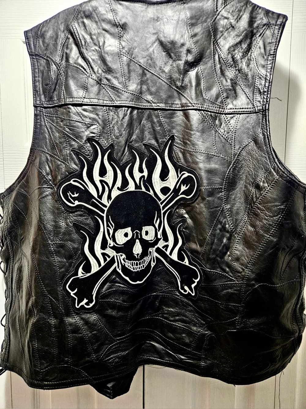 Black Authentic Buffalo Leather Skull & Crossbones Vest - Men's Biker Vest